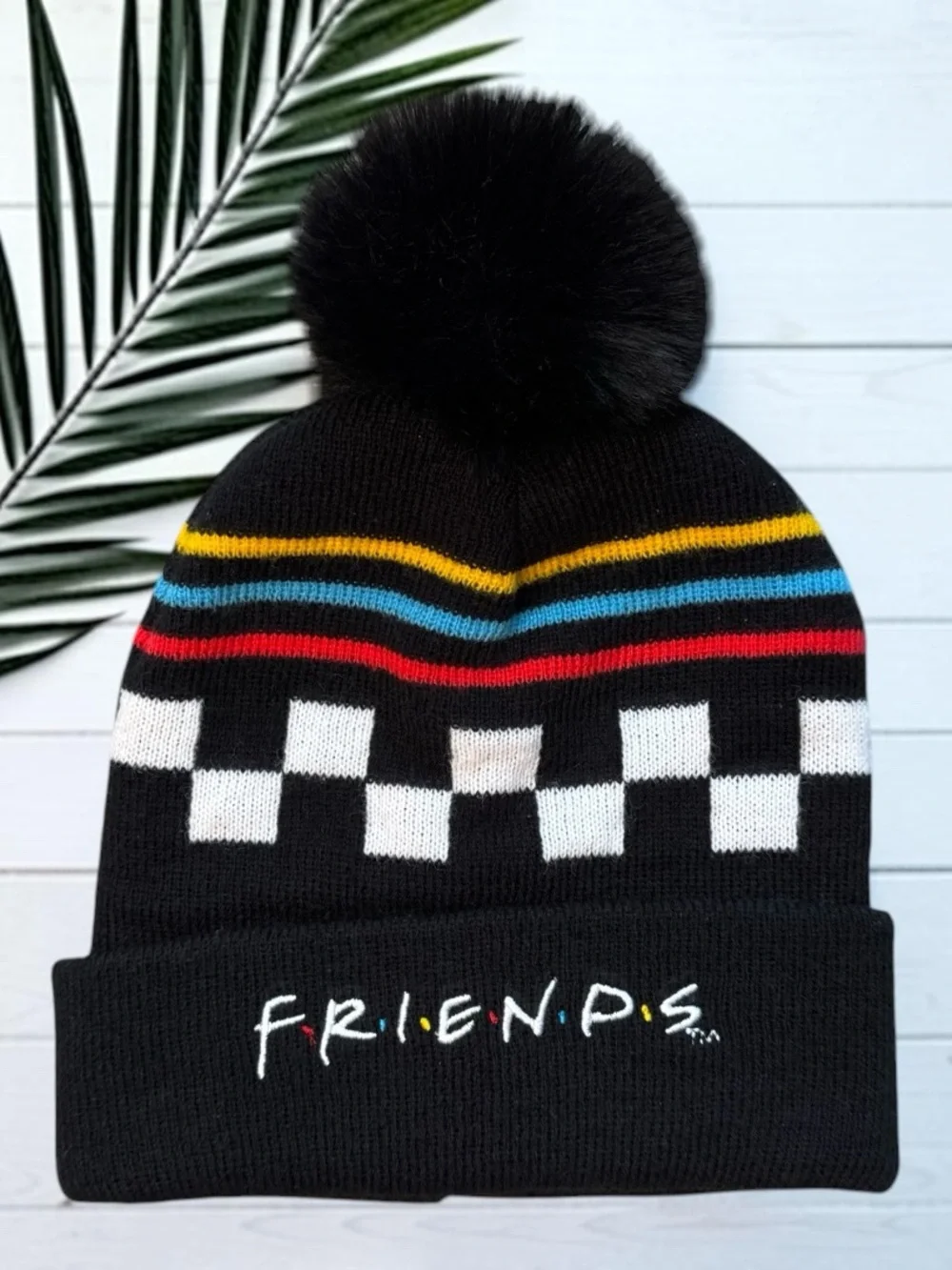 Friends TV Show Checkered Stripe Pom Pom Beanie Hat One Size Black Knit Cap